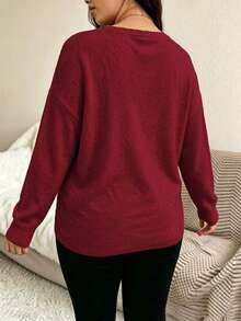 Plus Size Solid Color Casual Fashion V-Neck Long Sleeve Cross Knit Sweater - Red - View 3