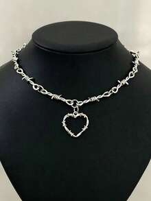 1pc Women's Hip Hop Gothic Punk Style Heart-Shaped Barbed Wire Necklace With Small Spikes, Gift - Pendant Necklace - View 11