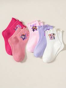KPop Demon Hunters 1/1/5 Double K-Pop Girl Group Character Print, Ruffle Cuff, Girls' Ruffle Socks, Baby Socks, Girls Back To School, New Girls' Outfit Matching, Girls' Socks, Skin-Friendly Elastic Breathable Fabric, Ruffle Ribbed Cuff Doesn't Bind Ankles, Durable And Resistant To Deformation; Sweet Korean Style, Macaron Multi-Color Sock Body With K-POP Cartoon Girl Group Print, Children's Versatile School Socks - Multicolor - View 6