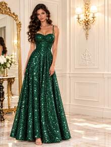 HOMEYEE Women's Sequin Long A-Line Evening Gown, Romantic And Charming Backless Tie-Back Elegant Formal Ball Dress - Dark Green - View 8