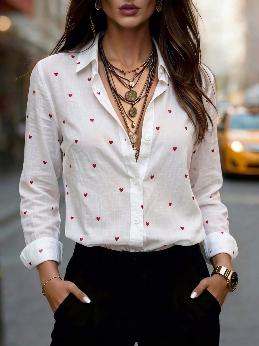 Women's Casual All Over Print Heart Button Front Shirt Collar Long Sleeve Shirt Business Office Home Vacation Holiday Spring Autumn Winter - White - View 1
