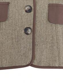 Tweed Stand Collar Cinched Waist Cropped Blazer, Contrast Trim Single-Breasted Long Sleeve Slim Fit Jacket, Mature Vintage Style Short Blazer, Suitable For Office Commute, Girls Gathering, Casual Date - Brown - View 8
