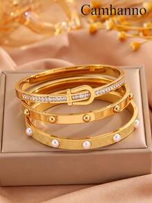 Camhanno 3/1pc Stainless Steel Plated 18K Gold Bracelet Set With Sand Faced Pearl For Women's Style, Handmade Set - Gold - View 14