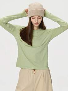 Leorrey 1pc Women's Fashion Wool Round Neck Ribbed Patchwork Double Layer Cuff Street Style Yoga Pilates Running Fitness Workout Long Sleeve Sports T-Shirt - Green - View 9