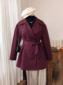 Rusttydustty Women's Plus Size Burgundy Double-Breasted Tie-Front Lapel Vintage Jacket, Suitable For Autumn/Winter, Halloween Outfit - Burgundy - View 6