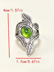1pc Vintage Feather-Shaped Inlaid Synthetic Emerald Ring, Bohemian Leaf-Shaped Alloy Personalized Accessory - Silver - View 2