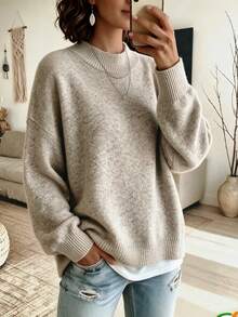 Women's Fall Winter Oatmeal Heathered Soft Cozy Fuzzy Knit Mock Neck Lantern Sleeve Sweater, Oversized Slouchy Casual Daily Office Work Commute Wear - Oatmeal Color - View 4