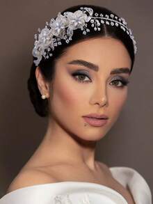 1pc Elegant Handmade Crystal Rhinestone Pearl Flower Leaf Wedding Tiara Headband Bridal Hair Accessories Women Jewelry - Silver - View 5
