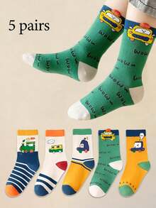 5 Pairs Spring/Autumn/Winter Children's Socks, Suitable For 1-16 Years Old Boys, Fashionable Cute Cartoon Car Color-Block Striped Letter Mid-Calf Socks, Breathable And Comfortable, Suitable For Daily Wear/Vacation Outfit/School Outfit - Multicolor - View 1