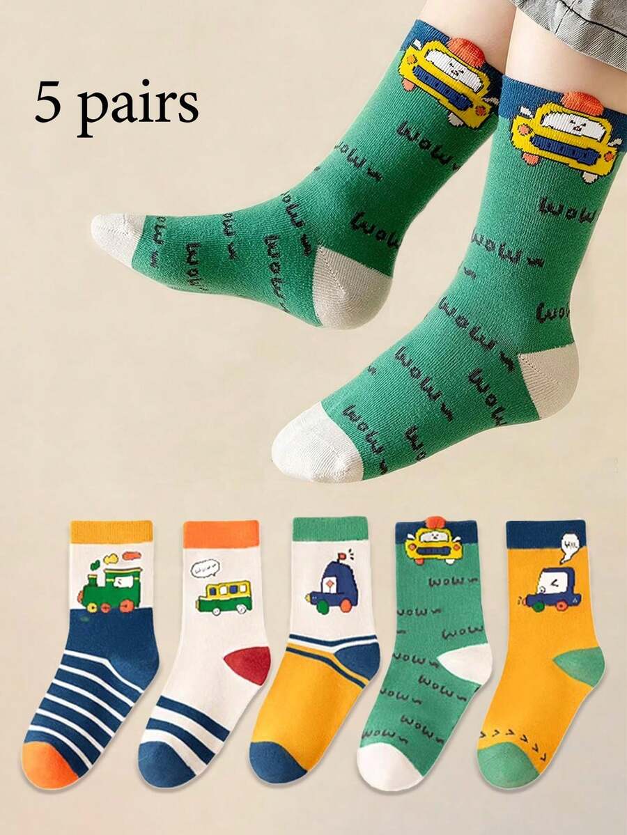 5 Pairs Spring/Autumn/Winter Children's Socks, Suitable For 1-16 Years Old Boys, Fashionable Cute Cartoon Car Color-Block Striped Letter Mid-Calf Socks, Breathable And Comfortable, Suitable For Daily Wear/Vacation Outfit/School Outfit - Multicolor - View 1