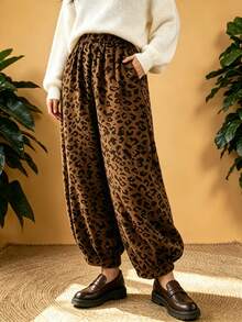 Celana Harem Motif Leopard Ukuran Plus Wanita dengan Saku, Celana Panjang Kasual Potongan Lebar, Cocok untuk Musim Gugur - Coffee Brown - View 2