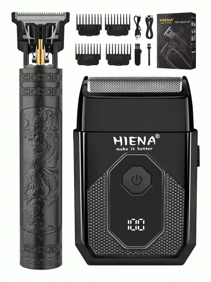 HIENA Electric Shaver Set, Reciprocating Shaver, Sleek Black Design, Suitable For Shaving, Trimming Sideburns, Sculpting Styles, Equipped With 4 Limit Combs And Cleaning Brush, Men's Grooming Set - Black - View 1