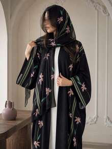 Hafizah Modest Printed Cardigan & Hijab 2 Pieces Abaya Set, Elegant Versatile Long Robe For Outdoor Wear - Black - View 4