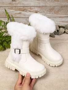 1 Pair Fuzzy High-Top Girls' Boots, Cute Functional Style With Buckle Design, Warm And Non-Slip, Suitable For Autumn/Winter, Daily Parent-Child Outings, School, Christmas New Arrival - White - View 15