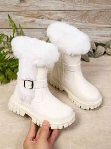 1 Pair Fuzzy High-Top Girls' Boots, Cute Functional Style With Buckle Design, Warm And Non-Slip, Suitable For Autumn/Winter, Daily Parent-Child Outings, School, Christmas New Arrival - White - View 12