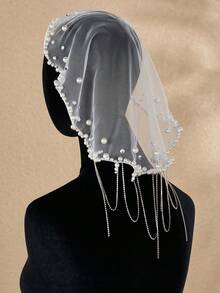 Elegant Pearl Rhinestone Bridal Veil Short Soft Tulle Wedding Veil Tassel Edge Bride Headpiece Accessories - Off White - View 7