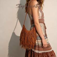STEPHIECATHY Bohemian Style PU Leather Fringed Zipper Closure Woven Long Strap Women Casual Small Shoulder Crossbody Bag, Suitable For Vacation Travel - Brown - View 4