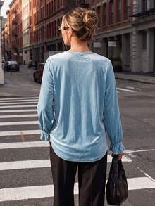 Women's Plus Size Light Blue Velvet Shirt, V-Neck Button Front Long Top, Elegant Long Sleeve Autumn Blouse - Mint Blue - View 2