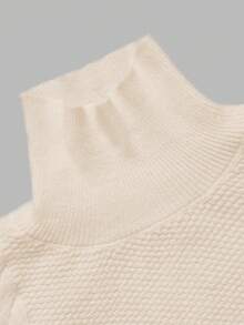minisummer Women Fall Casual Cream High Neck Cable Knit Pullover, Textured Waffle Splice Loose Fit Long Sleeve Knitted Sweater - White - View 7