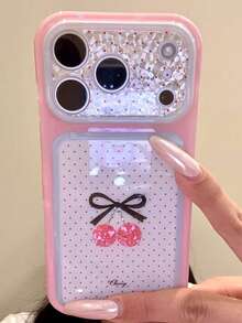 1PC Sweet Girl Pink Polka Dot Cherry Bow Phone Case With Large Window Glitter Lens Frame Full Coverage Anti-Drop Creative Design Compatible With Apple 17/16/15 Pro Max/15 Pro/15/15Plus/14 Pro Max/14 Pro/14Plus/14/13 Pro Max/13 Pro/13/12 Pro Max/12 Pro/12 Full Protection Case - Pink - View 2