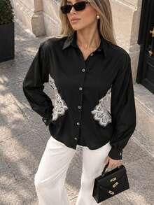 Women's All-Season Solid Color Lace Patchwork Back Tie Long Sleeve Blouse - Black - View 1