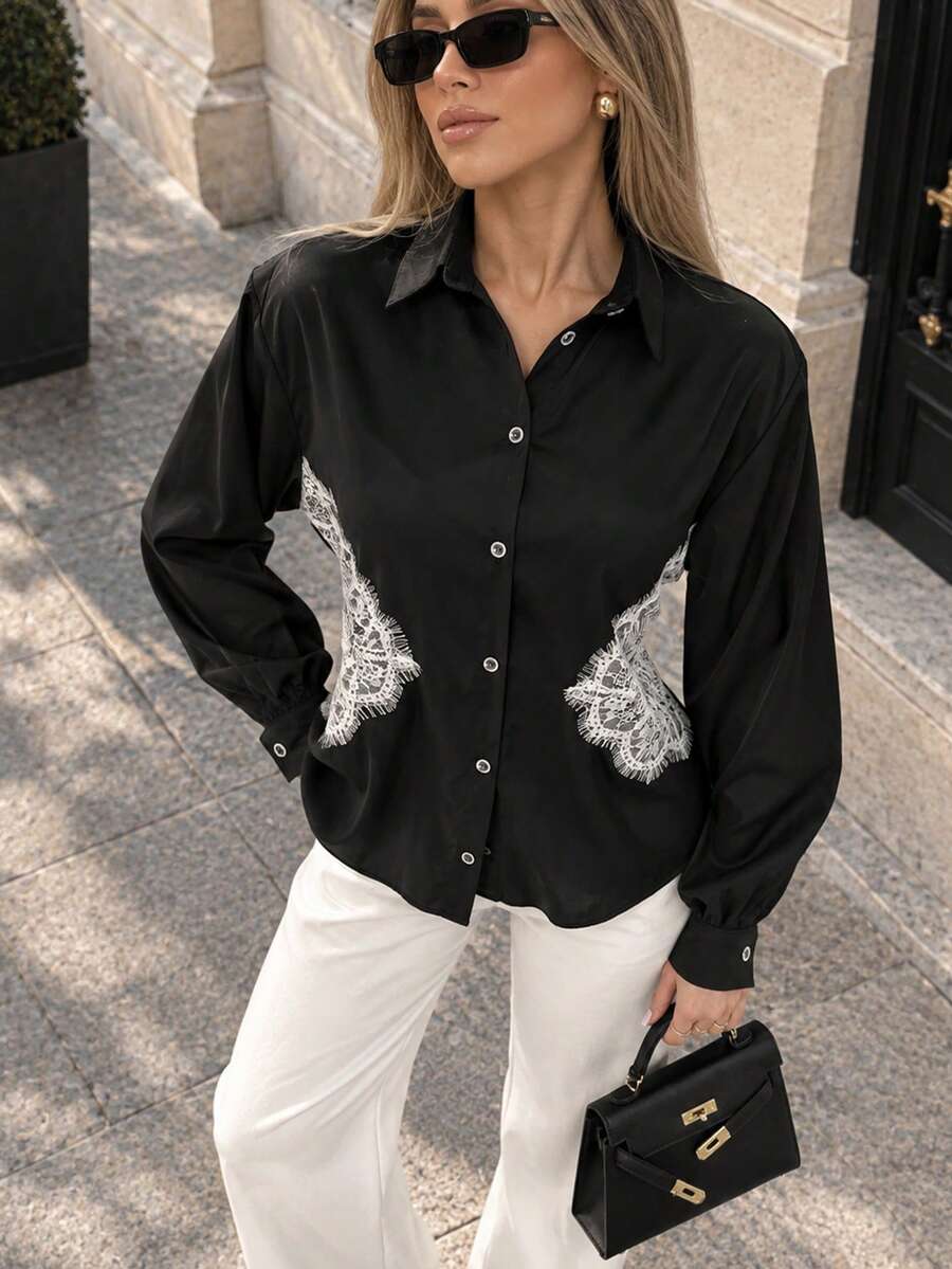 Women's All-Season Solid Color Lace Patchwork Back Tie Long Sleeve Blouse - Black - View 1
