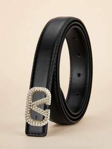 Women Adjustable PU Belt Smooth Solid Band Bling Rhinestone Geometric V Metal Pin Buckle Waist Belt For Daily Wear - Multicolor - View 5