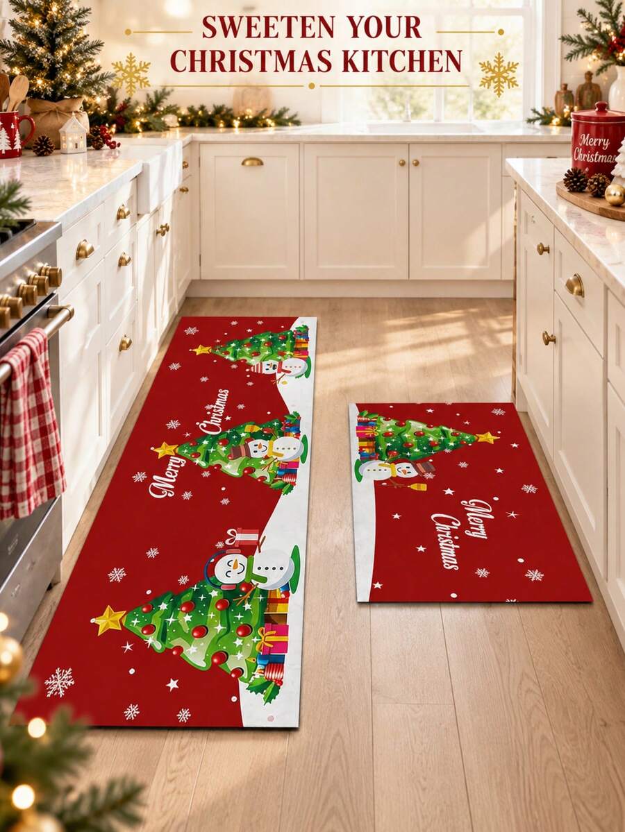 1/2pcs Christmas Kitchen Decor Rugs, Christmas Tree & Snowman Pattern, Winter Kitchen Rugs And Mats, Non-Slip Washable Absorbent Kitchen Accessories Decor Mats, Christmas Holiday Gift! - Multicolor - View 1