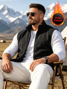 Men's Casual Solid Color Stand Collar Sleeveless Jacket, Fleece Outdoor Jacket, Autumn/Winter Vest - Black - View 4