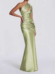 Robe élégante et sexy à une épaule avec découpes, robe d'été plissée longue et dos nu à la mode, robe de soirée vert foncé pour femmes - Vert - Voir 10