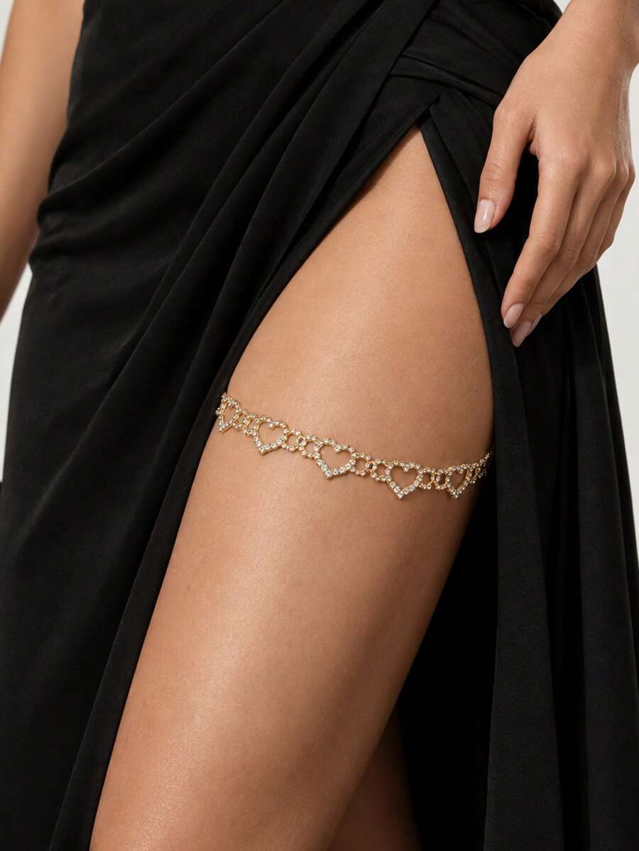 1pc Silver Sexy Rhinestone Hollow Heart Thigh Chain, Body Jewelry For Women, Suitable For Parties, Galas, Runway Shows - Gold - View 1