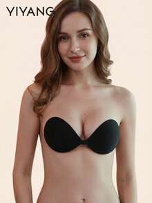 YIYANG 1pc Breathable Round Silicone Adhesive Bra, Upgraded Bio-Adhesive, Skin-Friendly Moderate Adhesion, Washable - Black - View 1