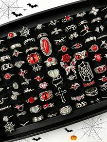 10/20pcs/Set Cincin Unisex Gaya Punk Gothic Vintage Halloween, Desain Mata Besar dan Bentuk Hati, Hadiah Pesta Liburan, Aksesori Pemakaian Sehari-hari untuk Teman - Cincin Halloween Merah Kupu-Kupu Mawar Gaya Punk - View 2