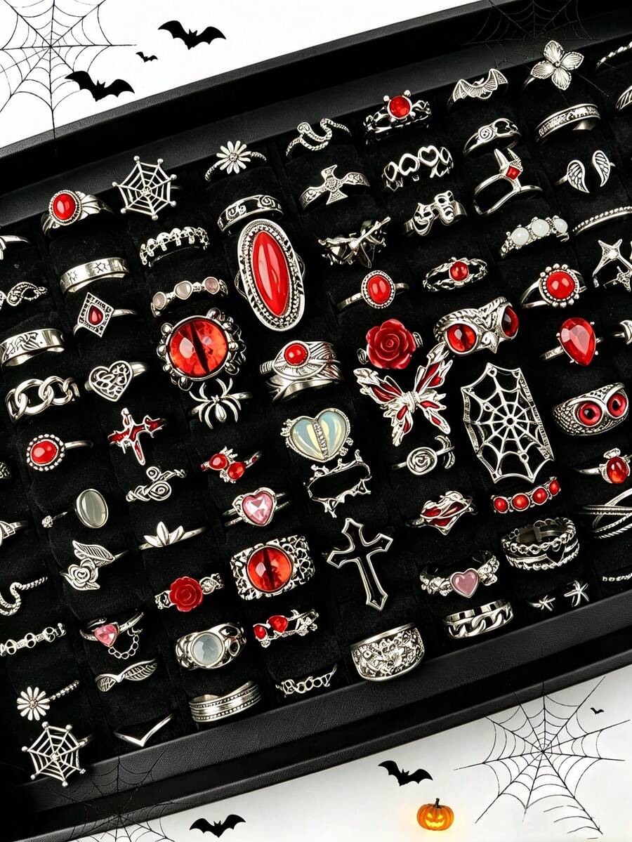 10/20pcs/Set Cincin Unisex Gaya Punk Gothic Vintage Halloween, Desain Mata Besar dan Bentuk Hati, Hadiah Pesta Liburan, Aksesori Pemakaian Sehari-hari untuk Teman
