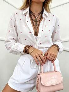Women's Casual All Over Print Heart Button Front Shirt Collar Long Sleeve Shirt Business Office Home Vacation Holiday Spring Autumn Winter - White - View 6