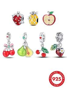 1PC Cute Fruit 925 Sterling Silver Enamel Rhinestone Strawberry Pineapple Cherry Charm Beads For Women, DIY Bracelet Making For Summer Daily Party - Silver - View 1