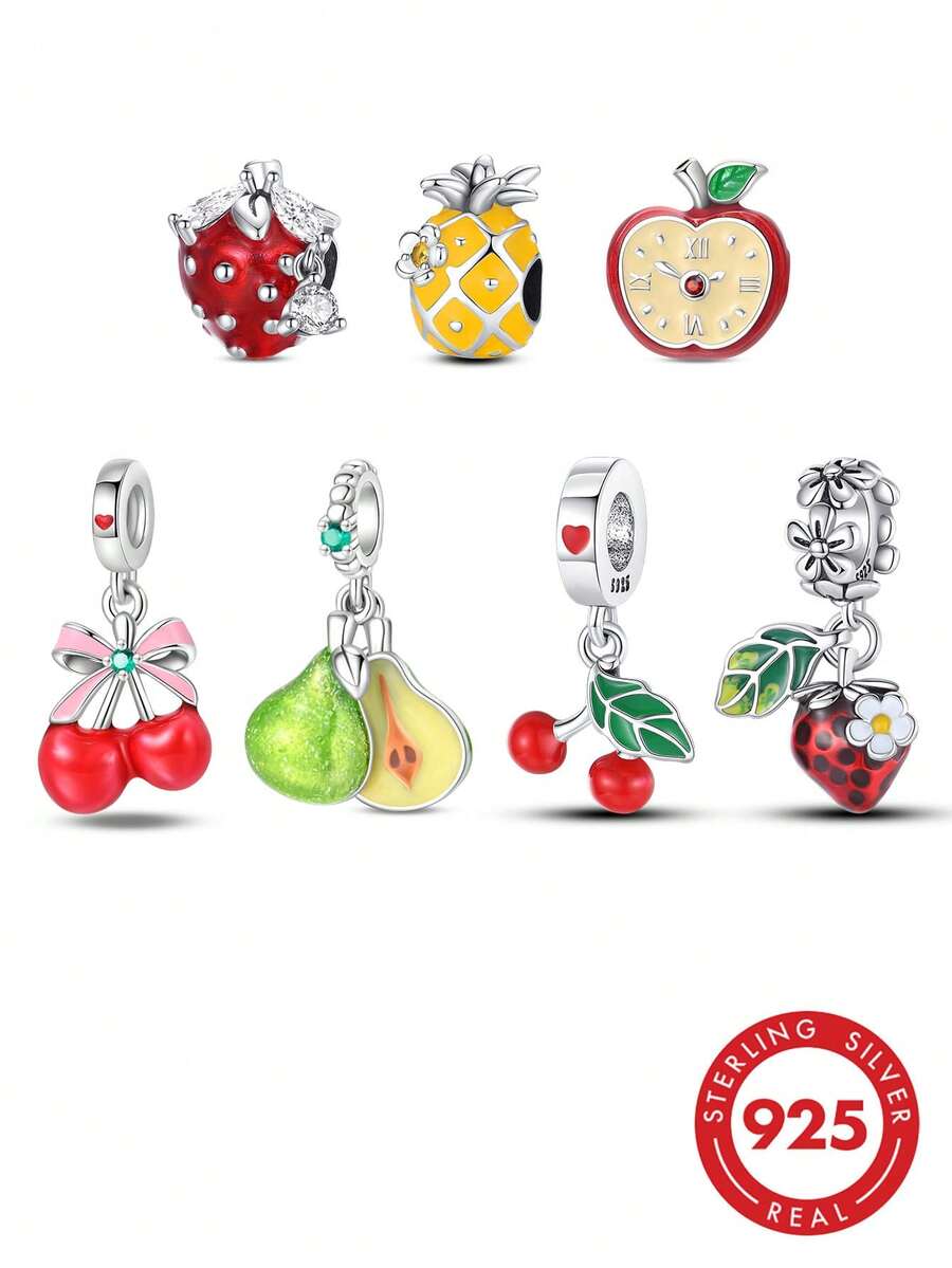 1PC Cute Fruit 925 Sterling Silver Enamel Rhinestone Strawberry Pineapple Cherry Charm Beads For Women, DIY Bracelet Making For Summer Daily Party - Silver - View 1
