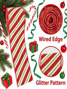 5pcs Christmas Wired Edge Ribbon Elf Hat And Leg Multi-Point Vortex Diagonal Stripe Ribbon Family Party Bow Decoration Christmas Tree Wreath Gift Packaging DIY Crafts, 2.5 Inches (Cute Style) - 1 YEAR - View 4