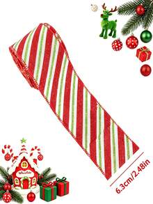 5pcs Christmas Wired Edge Ribbon Elf Hat And Leg Multi-Point Vortex Diagonal Stripe Ribbon Family Party Bow Decoration Christmas Tree Wreath Gift Packaging DIY Crafts, 2.5 Inches (Cute Style) - 1 YEAR - View 8