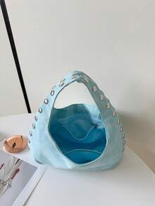 Autumn/Winter New Vintage Rivet Crescent Handbag Niche Design Hot Girl Large Round Bag Versatile High-End Commute Shoulder Underarm Bag - Baby Blue - View 5