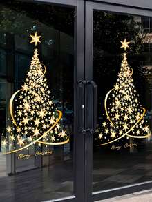 2pcs Christmas Tree Glass Stickers - No Bulb No Power Window Decor, Creative Holiday Atmosphere Stickers - Gold - View 2