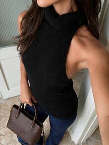 Women's New Dark Gray Halter Neck High Neck Knitted Tank Top - Black - View 3