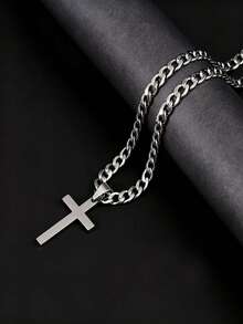 1pc New Fashion Stainless Steel Men's Adult Gift Cross Pendant Cuban Necklace, Suitable For Men's Daily Wear Jewelry Gift, Waterproof Jewelry. - Cross - View 6