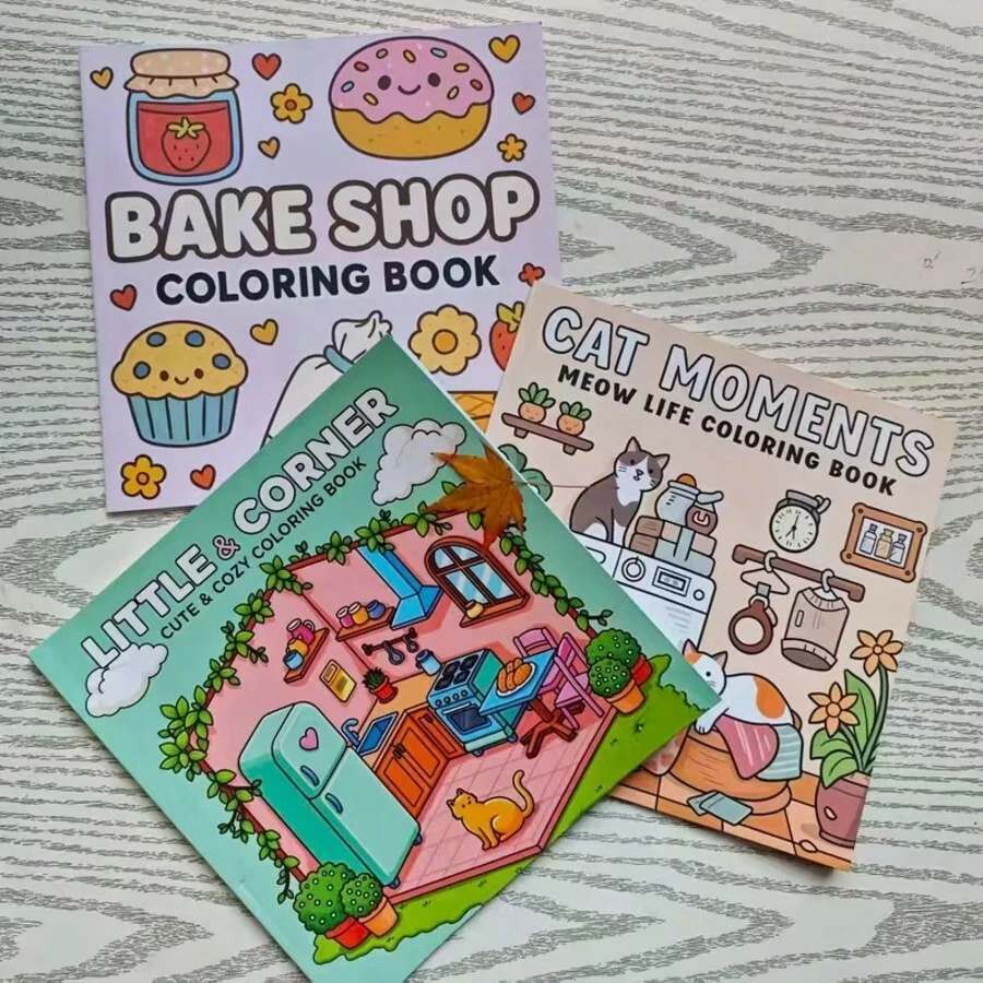 3 Books Adult Coloring Book Set 7.8 X 7.8 Inch Cute & Cozy Coloring Book: Bakery, Cat Moments, Meow Life & Little Corners, Large Bold Line Art Coloring Pages, Suitable For Adults And Teens, Perfect Gift For Coloring Enthusiasts - Multiple Styles - View 1
