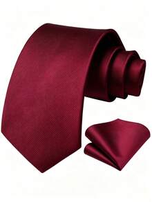 2pcs/Set Men's 8cm Burgundy Ribbed Tie & Pocket Square Set, Groom Tie Set For Wedding, Party, Business, Banquet, Holiday - Burgundy - View 6