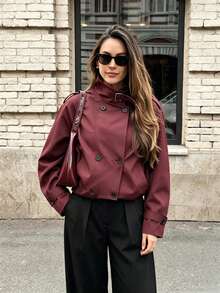 Short Burgundy Trench Coat, French Vintage Style, Blending Urban Mature Cargo Style Aesthetic, Stand Collar Double-Breasted Design, Exuding Coolness And Fashionable Vibe, Suitable For Daily Commute, Casual Socializing And Dating Occasions - Burgundy - View 11