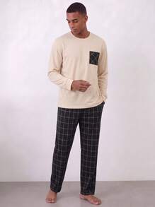 Snug League 2pcs Men's Plus Size Casual Loose Minimalist Pullover Sweatshirt With Pockets & Plaid Lounge Pants Set, Suitable For Spring - Multicolor - View 3