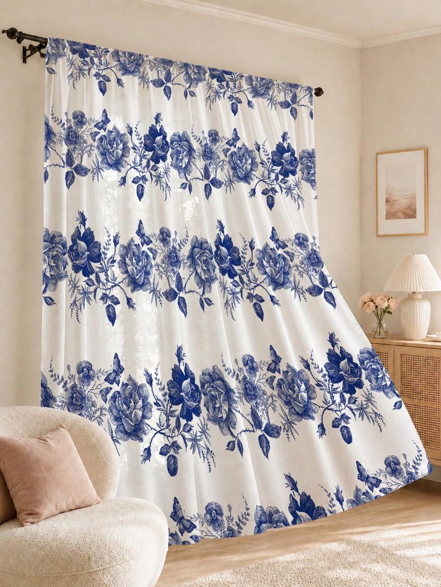 2PCS Navy Floral Butterfly Print High Density Mesh Curtains, Light Filtering Rod Pocket - Multicolor - View 1