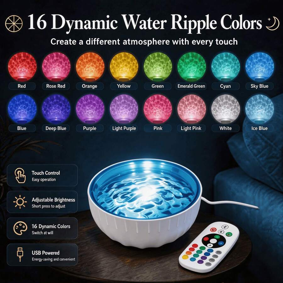 16 Color Dynamic Water Ripple Projection Night Light, Touch And Remote Control, USB Powered Adjustable Brightness Atmosphere Lamp, Suitable For Bedroom Home Decor - Water Ripple Projector Light - View 1