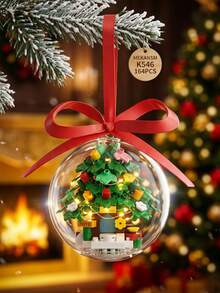 Christmas Tree Crystal Ball Building Blocks, 2-In-1 Hanging & Desktop Ornament, DIY Micro Bricks, Winter Fairytale Miniature Landscape, Cute Miniature Holiday Room Decor, Party Accents & Creative Toy, Birthday/Xmas Party Favors/Gift/Stocking Stuffers - Green - View 3